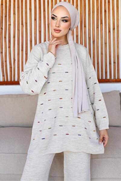 benguen 23006 Embossed Knitwear Set Stone Color