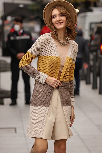 AVORWE Honeycomb Knitted Openwork Color Block Seasonal Knitwear Cardigan
