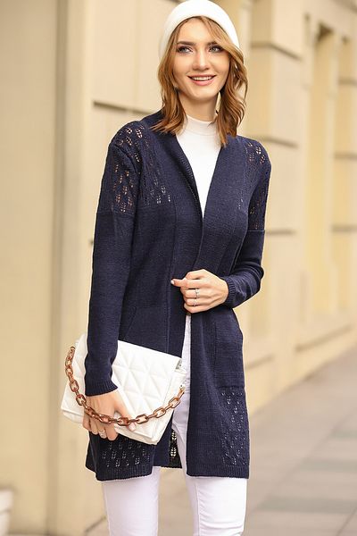 AVORWE Cardigan de tricotaj sezonier cu buzunare laterale ajurate cu model de frunze
