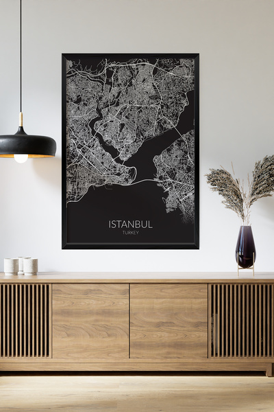 Artavessa Tek Parça Siyah Çerçeve Görünümlü "İstanbul Siyah" Harita Mdf Tablo