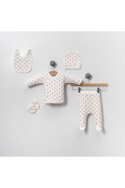 Bubito Little Hearts Detailed Cotton Baby Newborn Hospital Discharge Set-Red