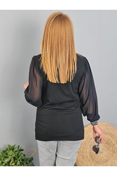 D'lavelle Kolları Tül V Yaka Gümüş Şerit Detaylı Siyah Bluz