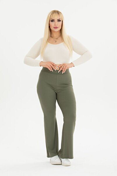 Swana Women's Plus Size Khaki Ribbed Flare Leg Trousers Leggings