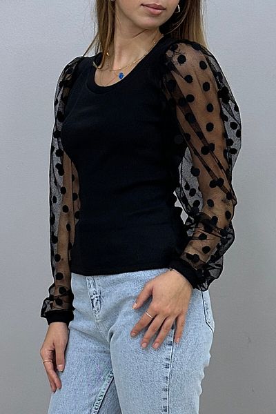 Tam Moda Γυναικεία μπλούζα μαύρη τούλι-πουά