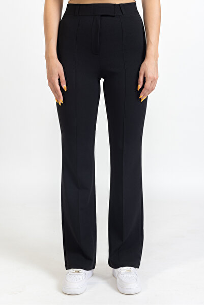 macharelbasic Women's Black High Waist Ribbed Stitched Velcro Detailed Trousers