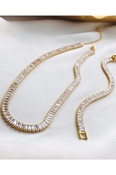 Vipfoni Çelik Zirkon Taşlı Baget Su Yolu Bileklik Kolye Set