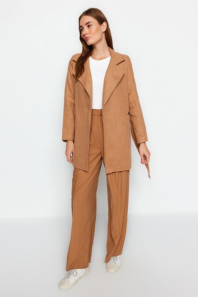 Trendyol Collection Вълнено палто с щампован камилски колан TWOAW24KB00170