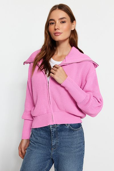 Trendyol Collection Розова трикотажна жилетка с цип и широка шарка с отложна яка TWOAW24HI00072
