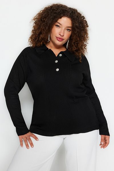 Trendyol Curve Black Polo Neck Button-Closed Knitwear Sweater TBBAW24AN00039