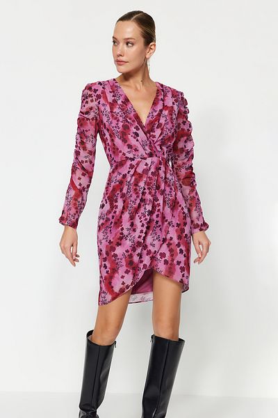Trendyol Collection Vícebarevné dvouřadé mini lemované tkané šaty s květinovým vzorem TWOAW24EL00742