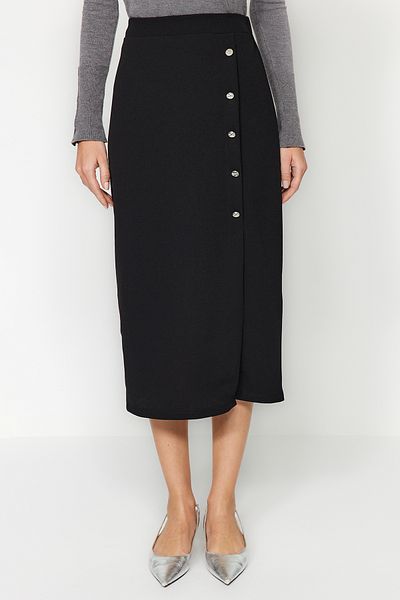 Trendyol Collection Schwarzer, eleganter Crêpe-Midirock mit hoher Taille und Knopfleiste, Stretch-Strick TWOSS23ET00320