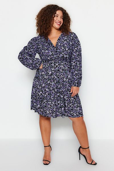 Trendyol Curve Purple Floral Print A-Line Mini Knitted Dress Plus Size Dress Tbbaw23Ah00003