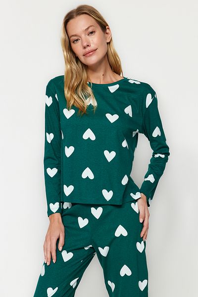 Trendyol Collection Smaragdgrünes Pyjama-Set aus Strick mit Herzchen - 100 % Baumwolle THMAW21PT0566