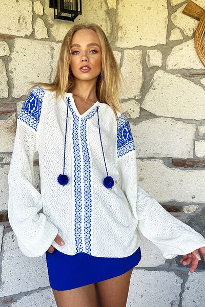 Trend Alaçatı Stili Damen-Strickpullover mit Bommelmuster, blau, Ethnomuster, Alc-X11001