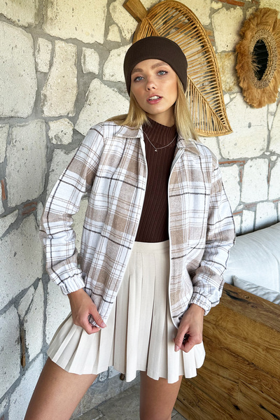 Trend Alaçatı Stili Dámská béžová vzorovaná sezónní bomber bunda na zip s elastickým pasem Alc-X10775