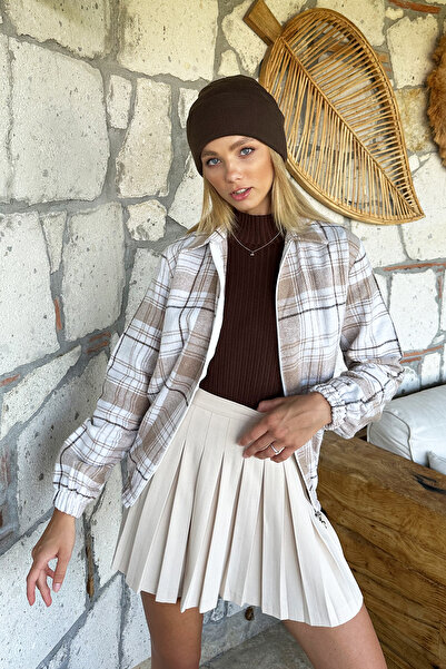 Trend Alaçatı Stili Dámská béžová vzorovaná sezónní bomber bunda na zip s elastickým pasem Alc-X10775