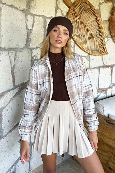 Trend Alaçatı Stili Dámská béžová vzorovaná sezónní bomber bunda na zip s elastickým pasem Alc-X10775