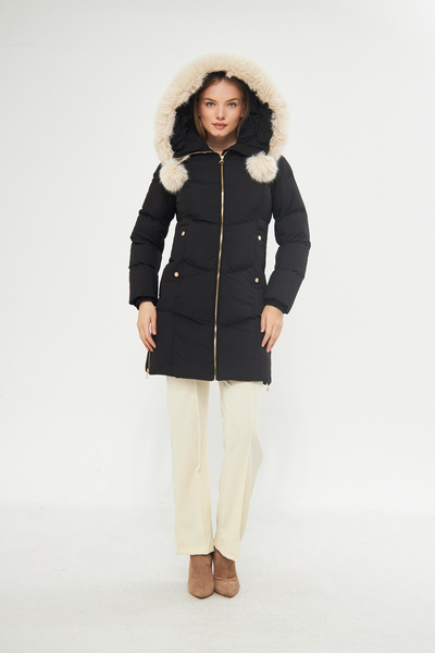 DYNAMO Palton gros căptușit cu blană cu glugă neagră pentru femei 5304