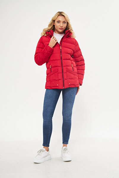 DYNAMO Women's Red Puffer Jacket with Removable Hood 5014