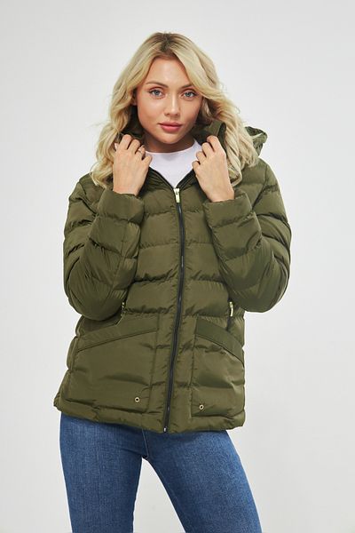 DYNAMO Women's Khaki Puffer Jacket with Removable Hood 5014
