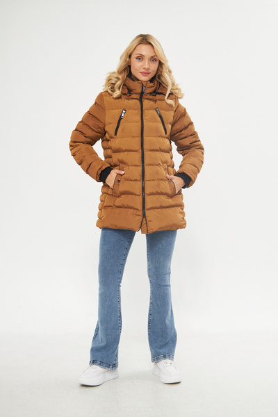 DYNAMO Women's Camel Hood Removable Comfortable Fit Thick Short Coat 5010