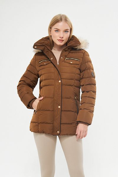 DYNAMO Women's Caramel Hood Detachable Fur Lined Thick Coat 5303