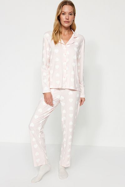 Trendyol Collection Prémiový pudr 100% bavlna Heart Puff Print Košile-Kalhoty Pletené pyžamo Set Thmaw24Pt00253