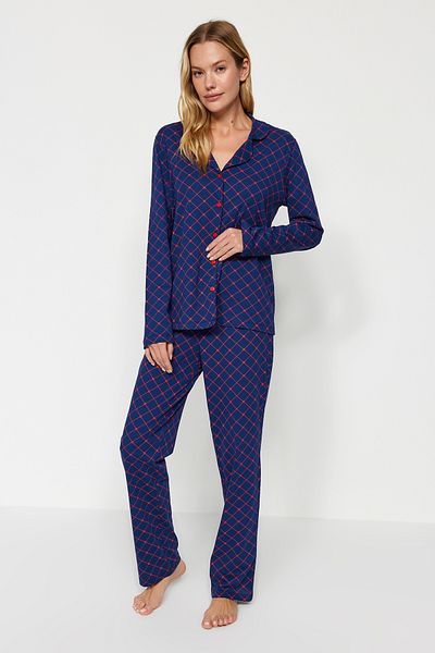 Trendyol Collection 100% bavlna Navy Plaids Pyžamo Set – Košile a Kalhoty Thmaw24Pt00254