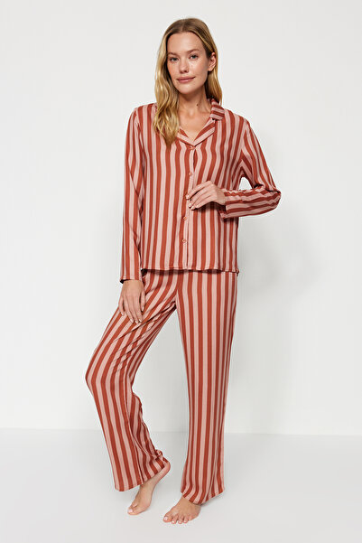 Trendyol Collection Multicolor Striped Viscose Shirt-Pants Woven Pajamas Set THMAW24PT00240