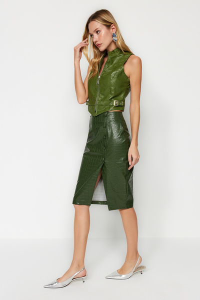 Trendyol Collection Spódnica midi z rozcięciem ze sztucznej skóry węża KHaki - edycja limitowana TWOAW23ET00260