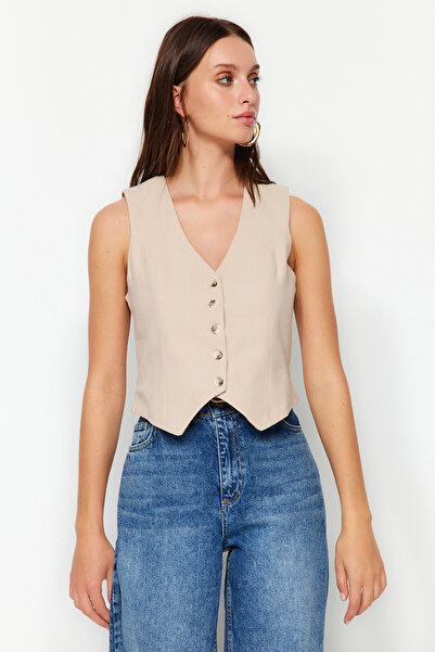 Trendyol Collection Steinfarbene, gewebte Weste mit Knöpfen TWOAW24YE00093