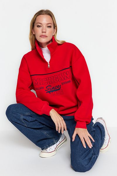 Trendyol Collection Red Zippered Printed Oversize Thick Fleece Inside Knitted Sweatshirt TWOAW24SW00184