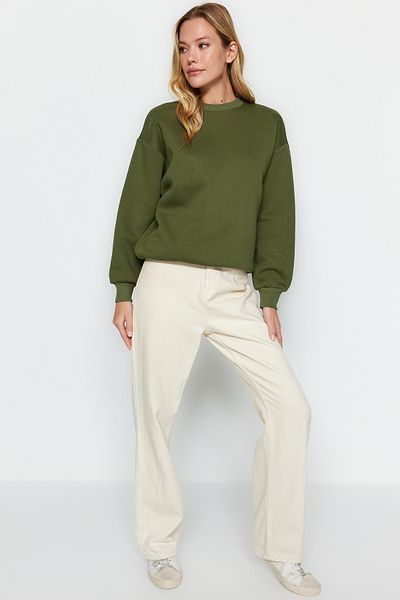 Trendyol Collection Khaki Dickes Fleece-Innenfutter Normale/Regular-Passform Rundhals Basic Strick-Sweatshirt TWOAW24SW00101