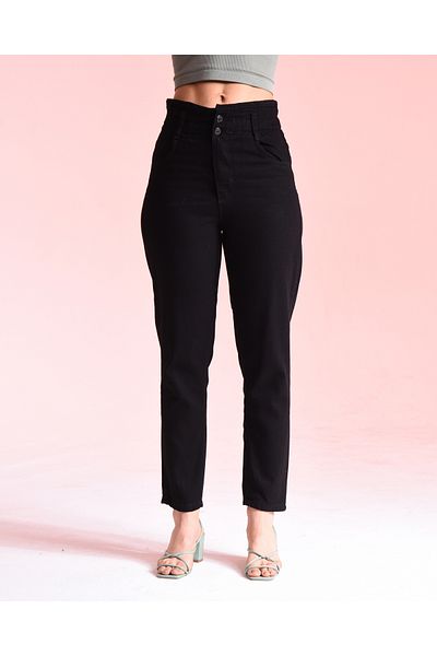 SHEVEGA Black High Waist Women's Elastic Waist Double Button Mom Jean Pants