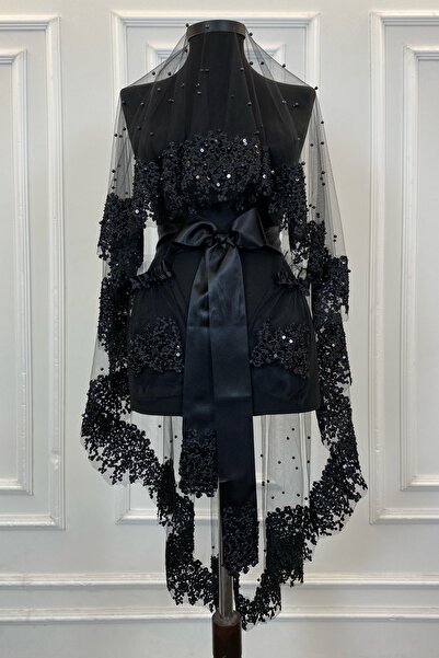 ZEYMERADE Siyah Vip Gelin Duvak Seti, Papatya Güpürlü Boncuklu Pullu Incili K...