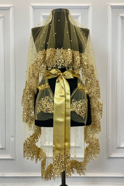 ZEYMERADE طقم حجاب زفاف ذهبي VIP، طقم حجاب الحناء مزين بالخرز واللؤلؤ والحناء...