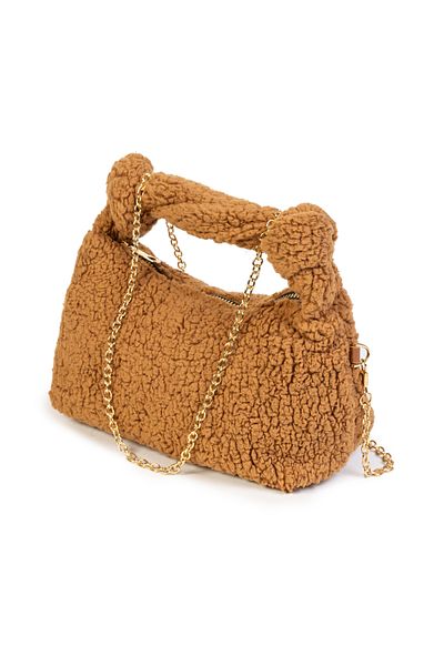 NOTHING Women's Furry Plush Knot Detailed Handled Chain Strap Mini Hand Shoulder Baguette Bag