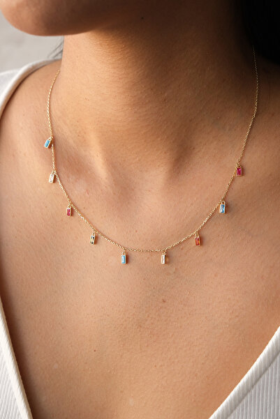 LİLAK KUYUMCULUK 14 Ayar Altın Baget Renkli Taşlı Sallantılı Kolye