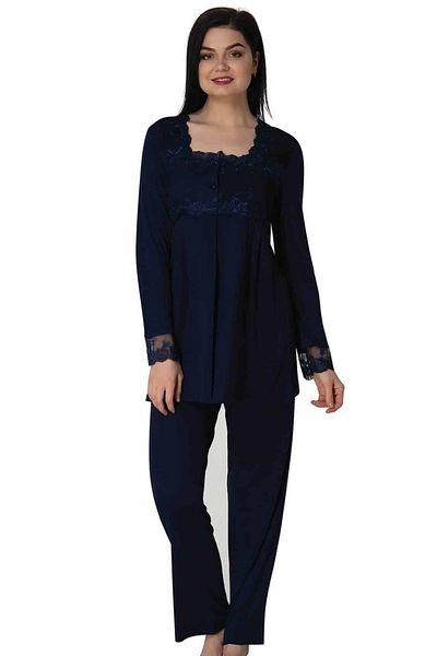BLACKMORE Women's Navy Blue Lace Long Sleeve Maternity Pajama Set