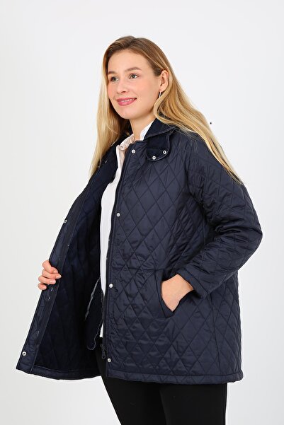By Alba Collection Women's Baklava Slice Quilted Large Size Coat Navy Blue