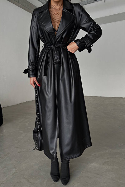 Ortaya Çık Довгий шкіряний тренчкот преміум-класу з чорним ременем