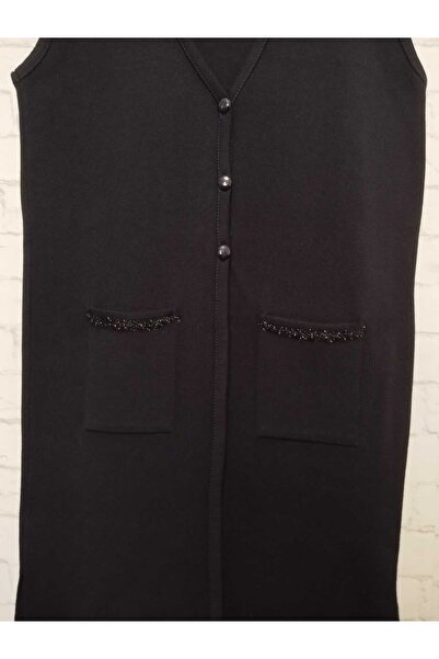 anne moda ankara ,2 pockets, 3 buttons, V-neck extra long knitwear vest