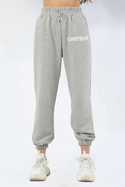 Generic Brand Women's Wrstbhvr Printed Black Jogger Sweatpants with Elastic W...