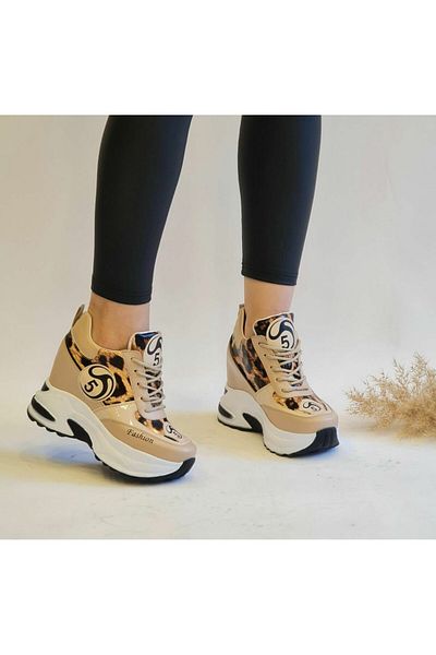 nuaA Hidden Heel 10 cm High Sole Leopard Patterned Women's Sports Shoes Fashion 5 Cream