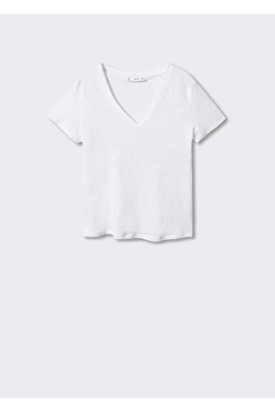 MANGO Woman V Yakalı Keten Tişört