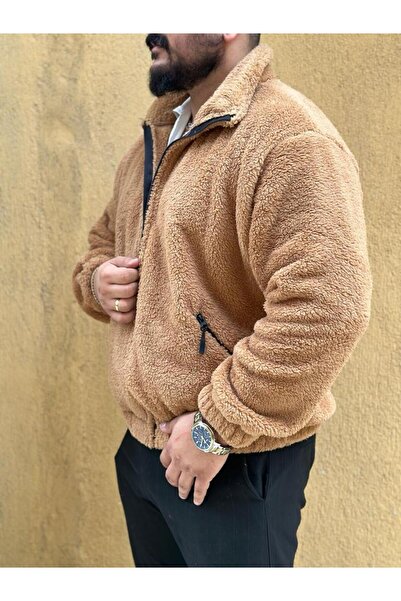 NO 601 Camel Cinnamon βελούδινο Wellsoft Stand γιακά Τσέπες με φερμουάρ Oversize κομμένο βελούδινο μπουφάν