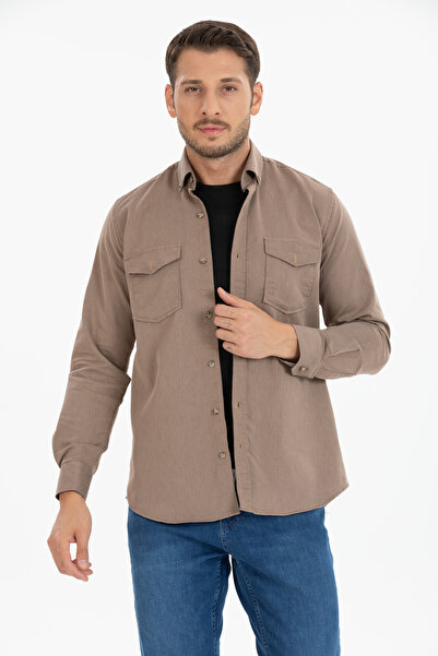Varetta Ανδρικό καφέ μακρυμάνικο τζιν πουκάμισο με διπλή τσέπη ελαστικό ύφασμα