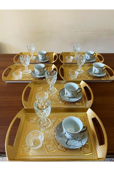 DİBA AVM Porcelain Marble Patterned Coffee Cup Set, Coffee Side Cup and Presentation Tray 30 Pieces for 6 People