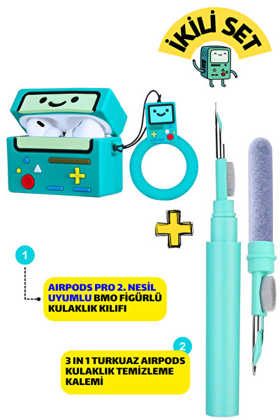 EWEC Pro 2. Nesil Uyumlu Bmo Figürlü Kulaklık Kılıfı ve Turkuaz 3'ü 1 Arada K...
