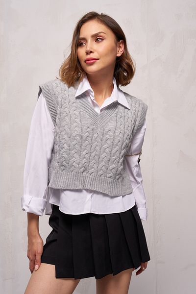 GİYSA Women's Gray V-Neck Hair Knitted Patterned Crop Knitwear Sweater - 4007